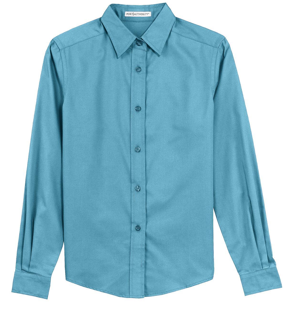 A turquoise long sleeve button-up shirt with a collar and a logo on the label.