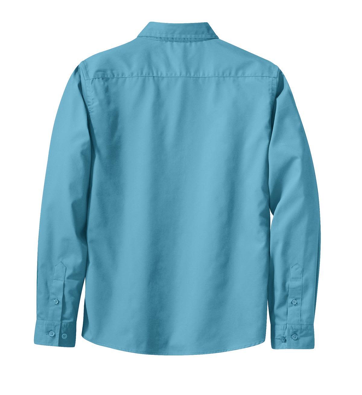 A light blue long sleeve button-up shirt with a collar, featuring a small logo on the back.