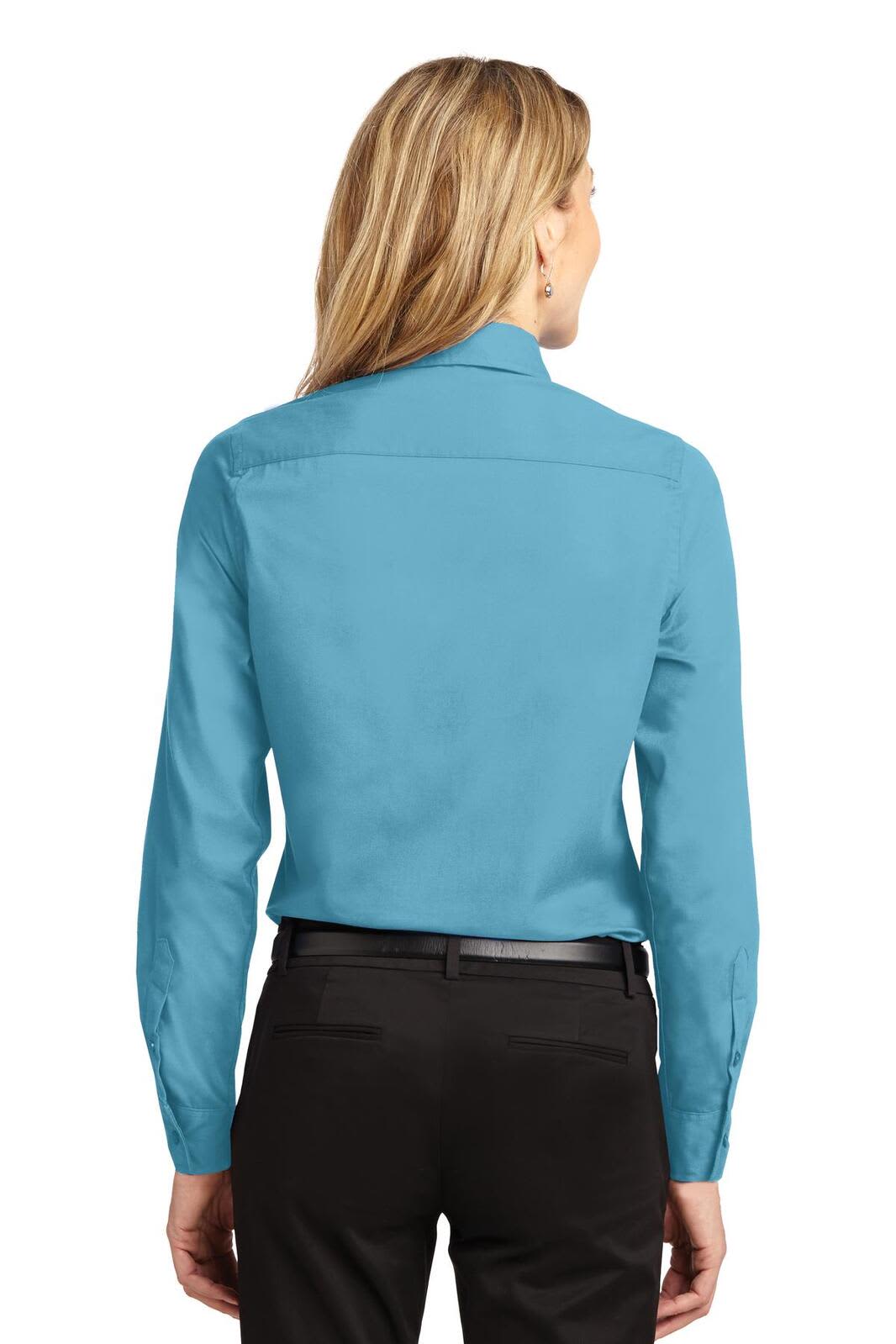 A turquoise long sleeve button-up shirt with a collar, featuring a back view and a logo on the back.