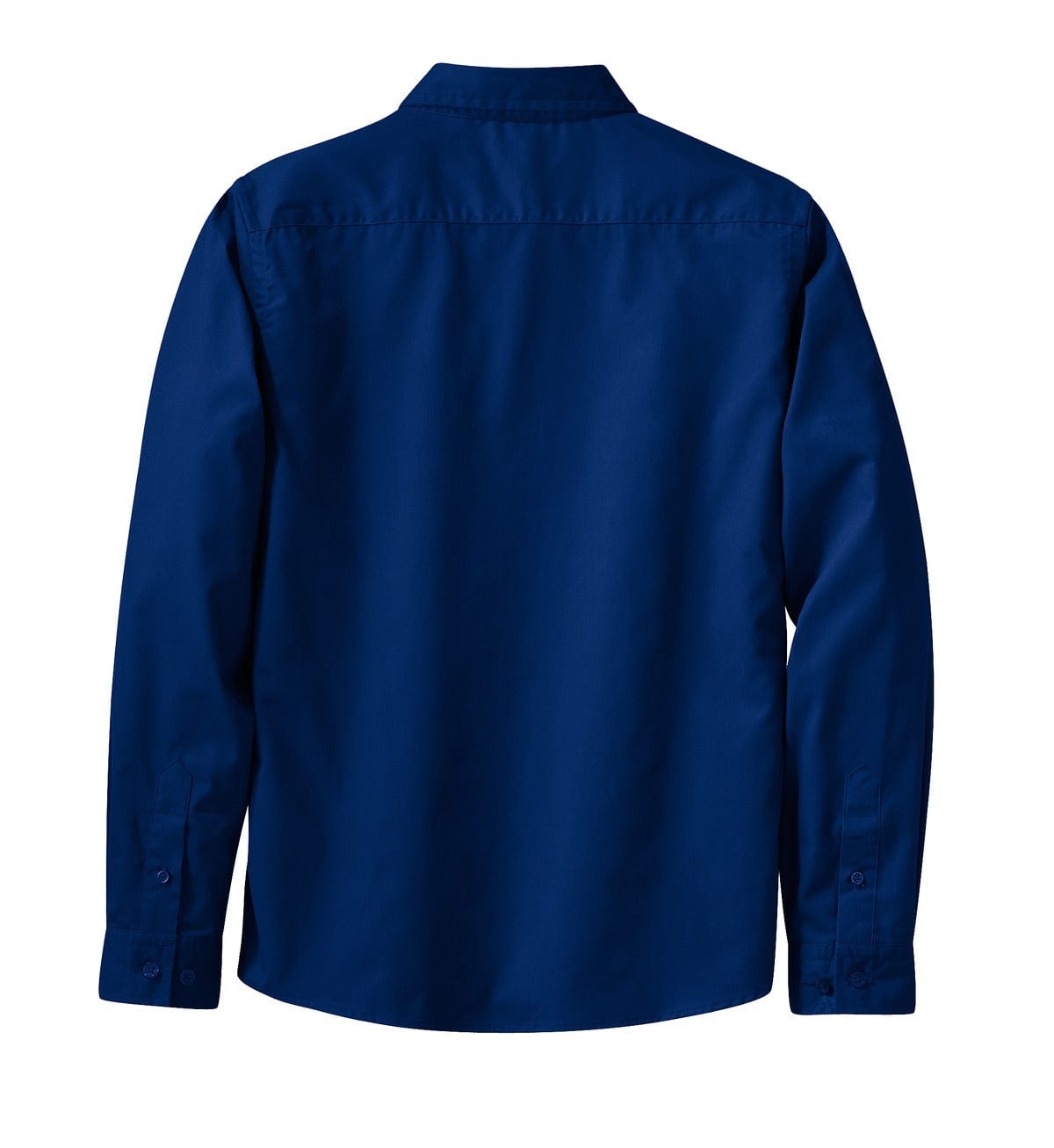 A navy blue long sleeve button-up shirt with a collared neckline and a brand logo.