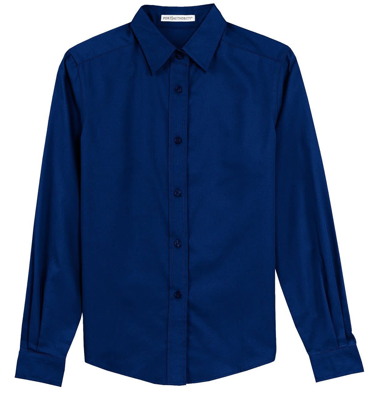 A navy blue long sleeve button-up shirt with a collar and a logo on the chest.