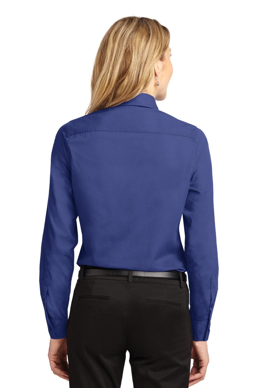 A blue long sleeve button-up shirt for women, featuring a collared neckline and a fitted silhouette.