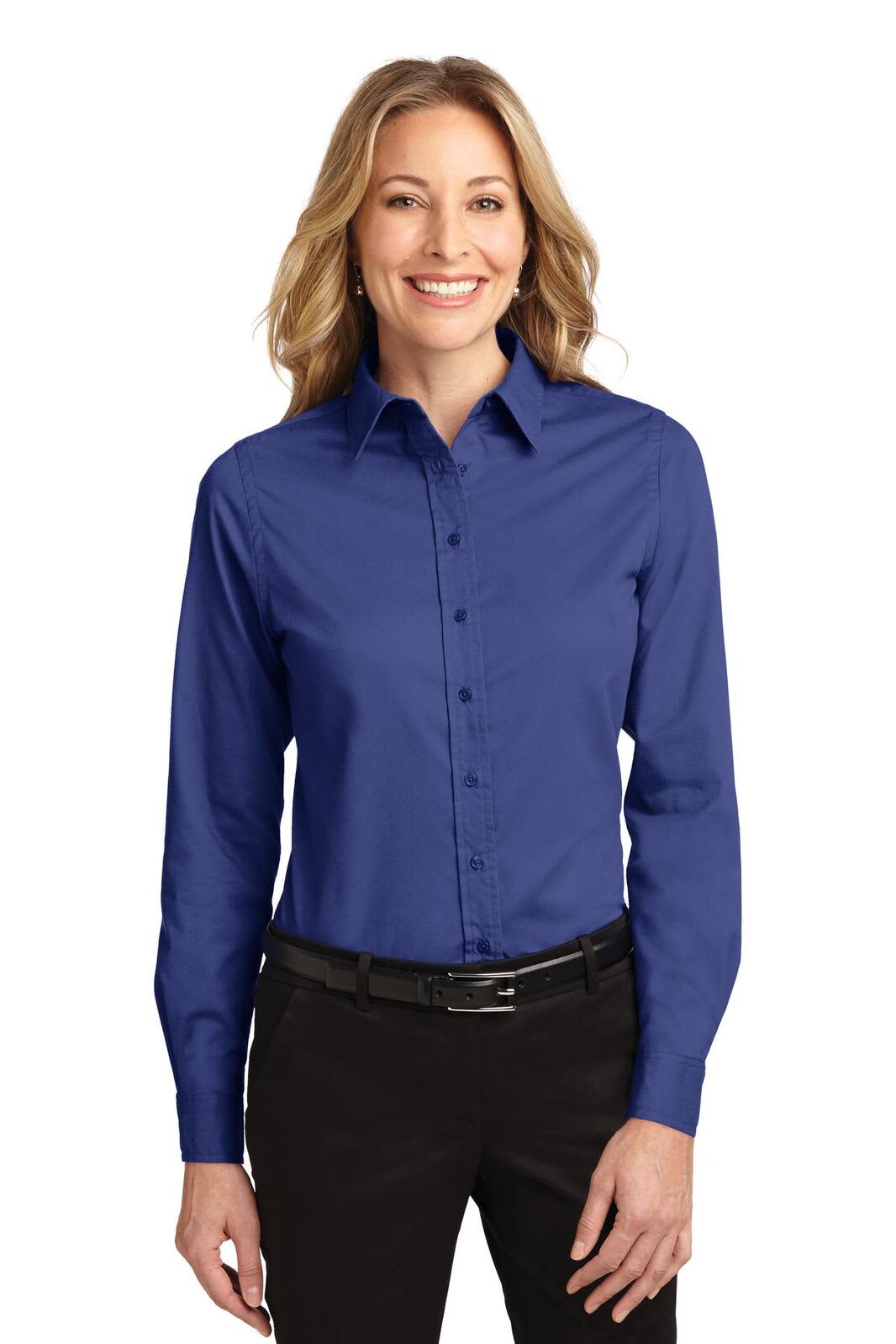 A blue long sleeve button-up shirt for women with a collar and a logo on the chest.