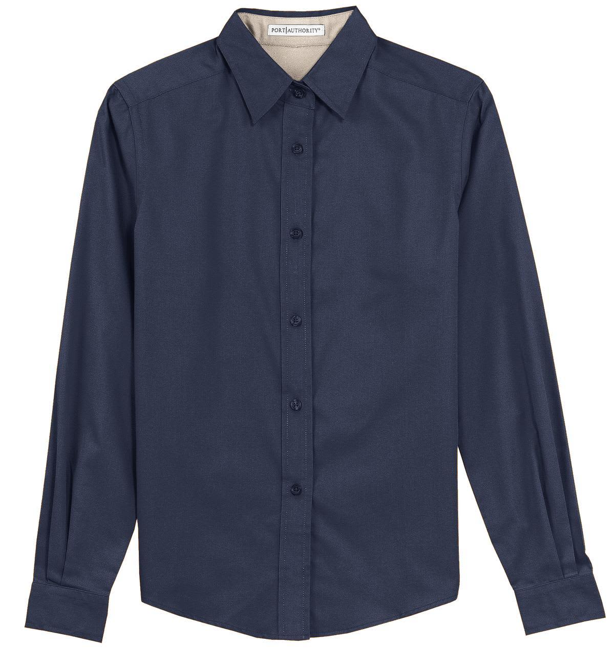 A navy blue long sleeve button-up shirt featuring a folded collar and front buttons, with a logo on the label.