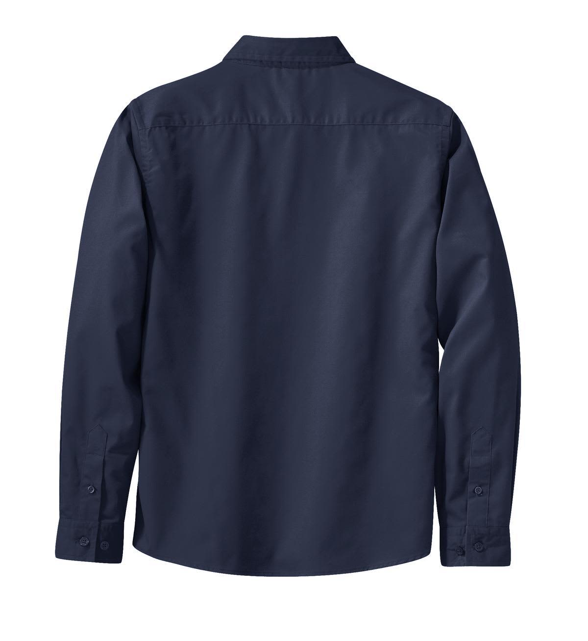 A navy blue long sleeve button-up shirt featuring a collar and a logo on the back.