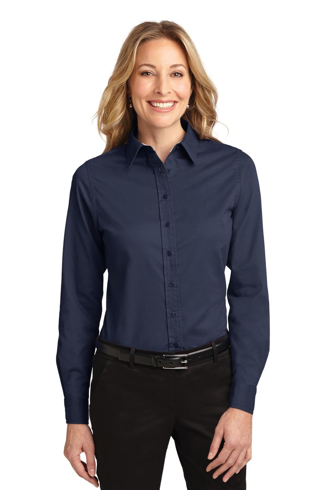 A navy blue button-up long sleeve shirt for women, featuring a collar and a logo on the chest.