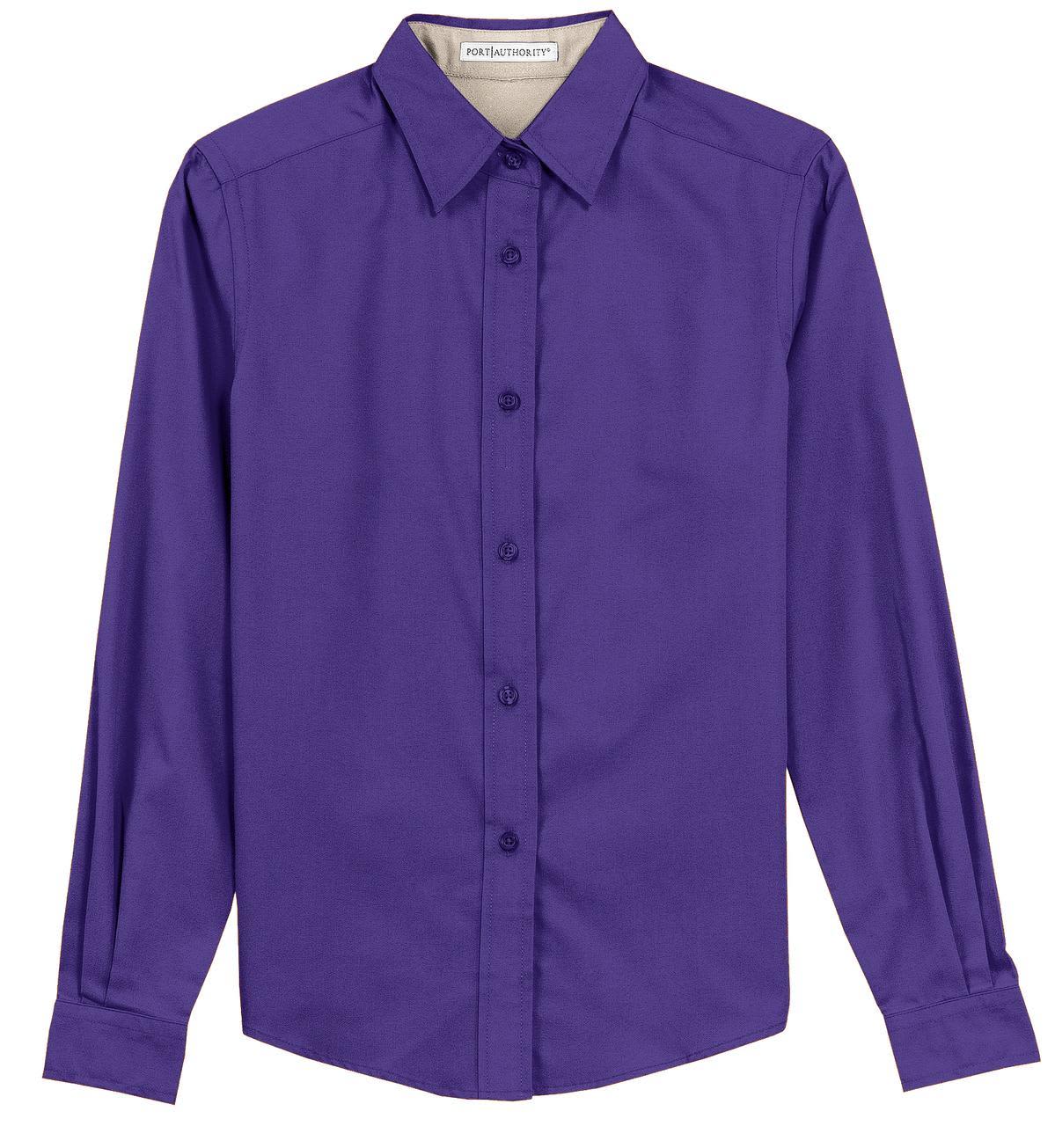 A purple long sleeve button-up shirt with a collar and a branded label.