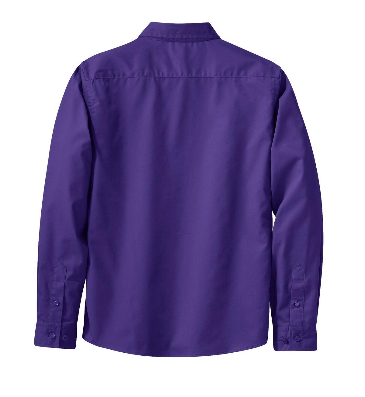 A purple long sleeve button-up shirt with a collar and buttoned cuffs, featuring a logo on the back.
