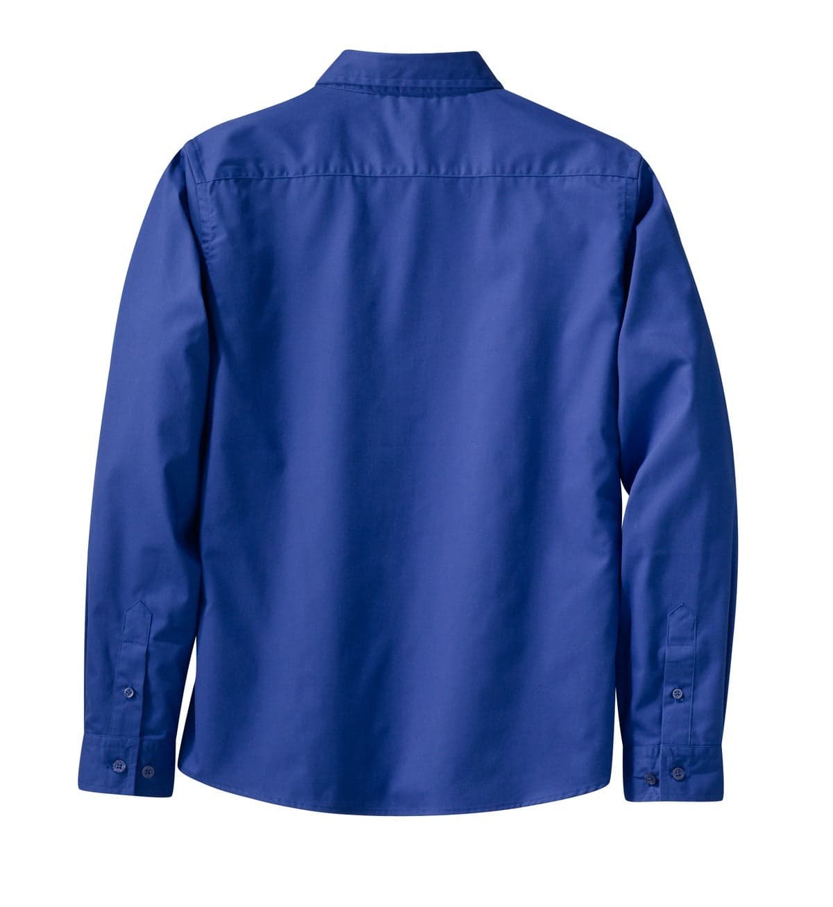 A blue long sleeve button-up shirt with a collar, featuring a branded logo on the back.