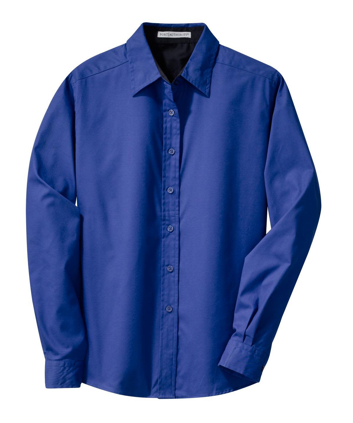 A blue long sleeve button-up shirt with a collar and a logo on the chest.