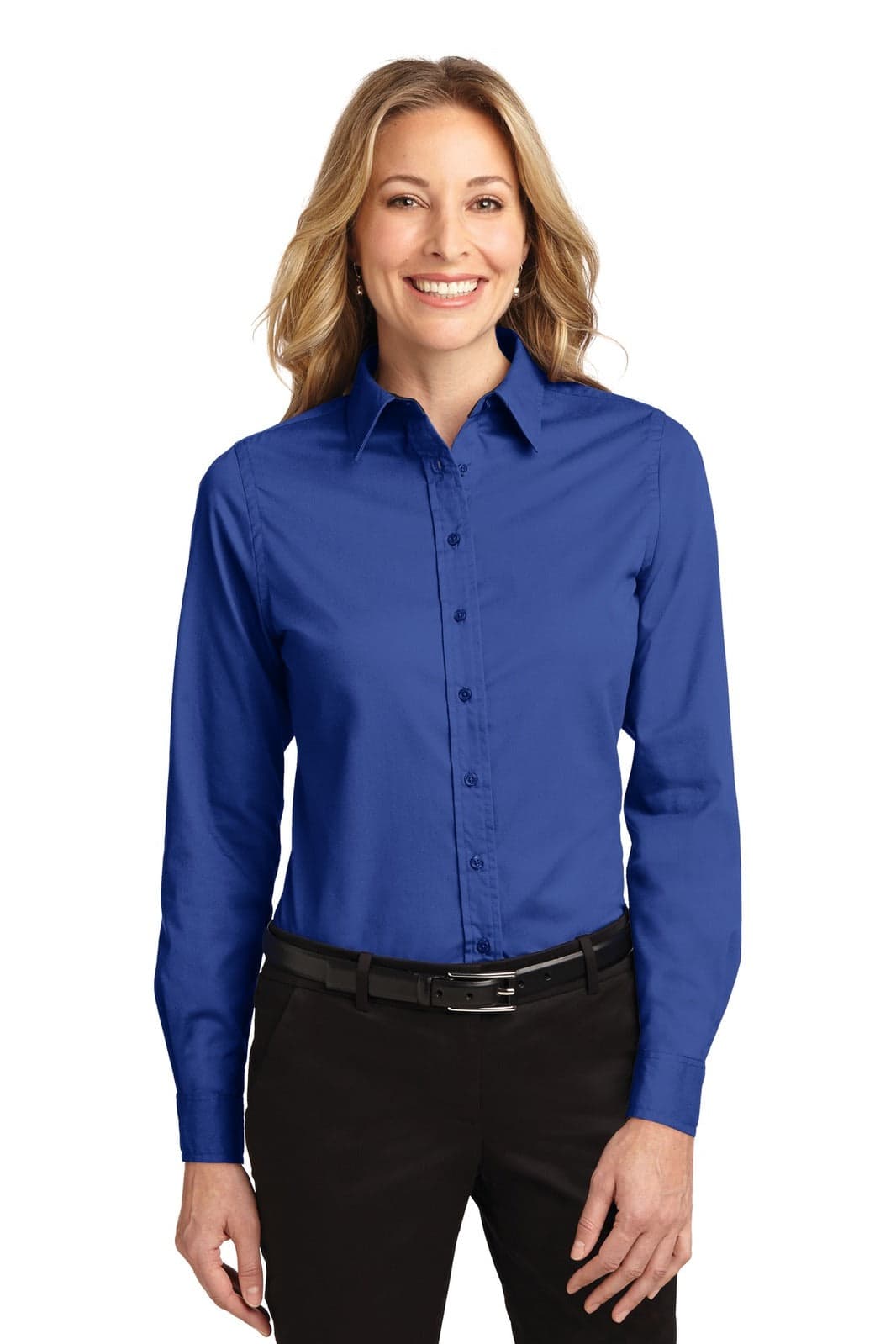 A ladies long sleeve button-up shirt in royal blue, featuring a collar and a logo. Suitable for easy care.