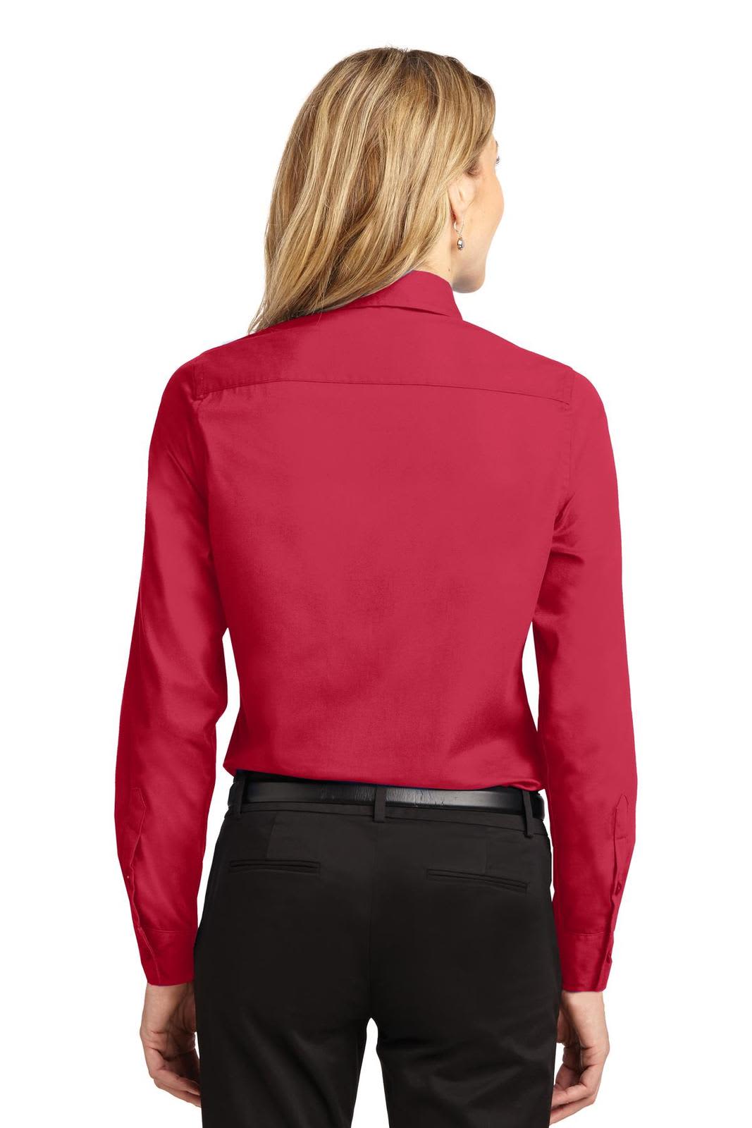 A back view of a red long sleeve button-up shirt tailored for women, featuring a collar and a sleek design.