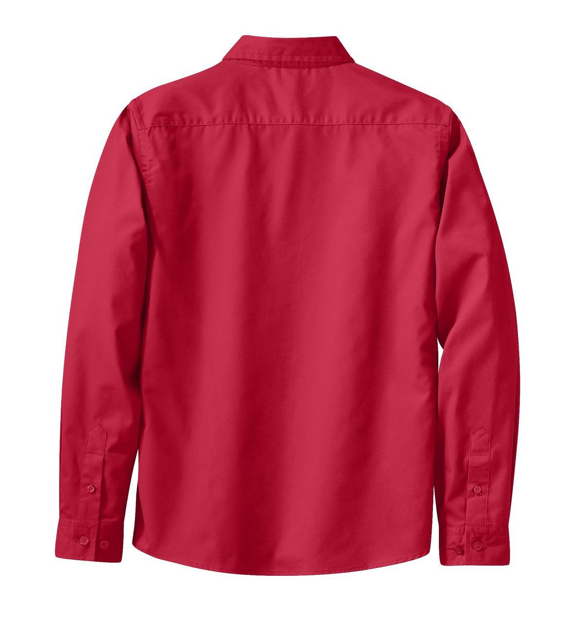 A back view of a ladies long sleeve button-up shirt in vibrant red, featuring a collar and button details.