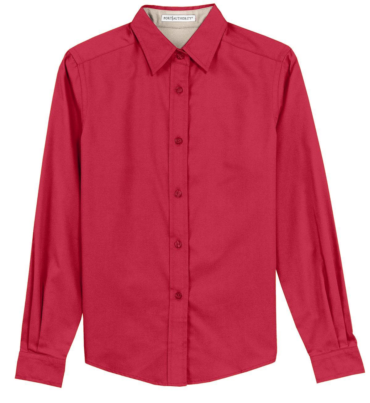 A red long sleeve button-up shirt with a collar, featuring a logo on the side.