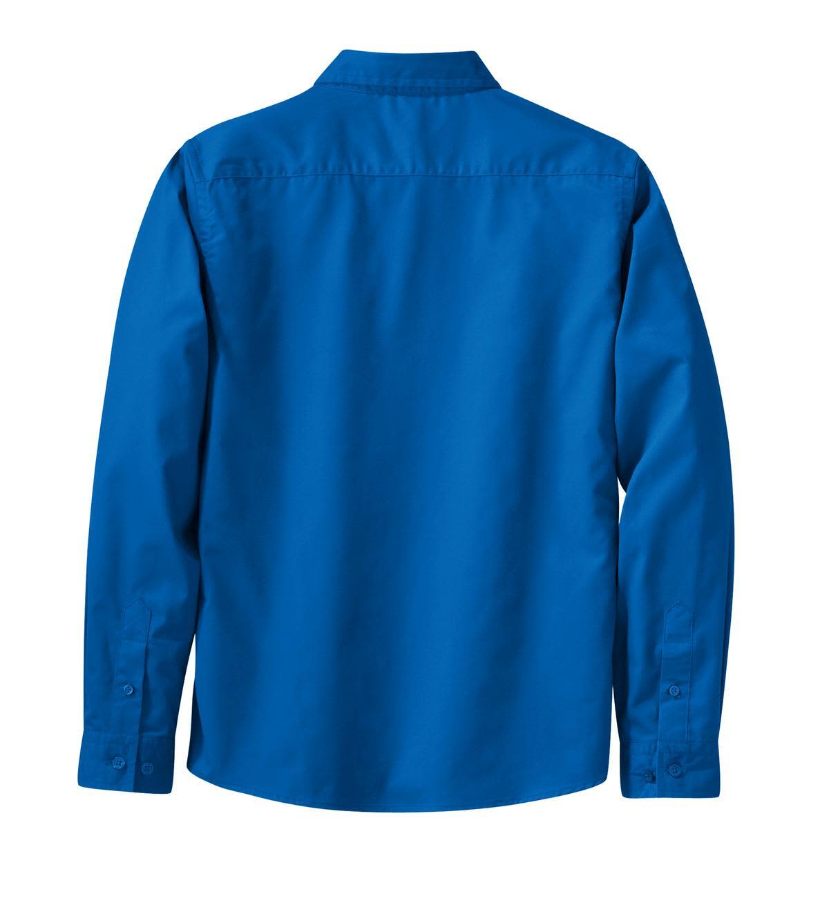 A blue long sleeve button-up shirt with a collar and buttoned cuffs, featuring a logo on the back.