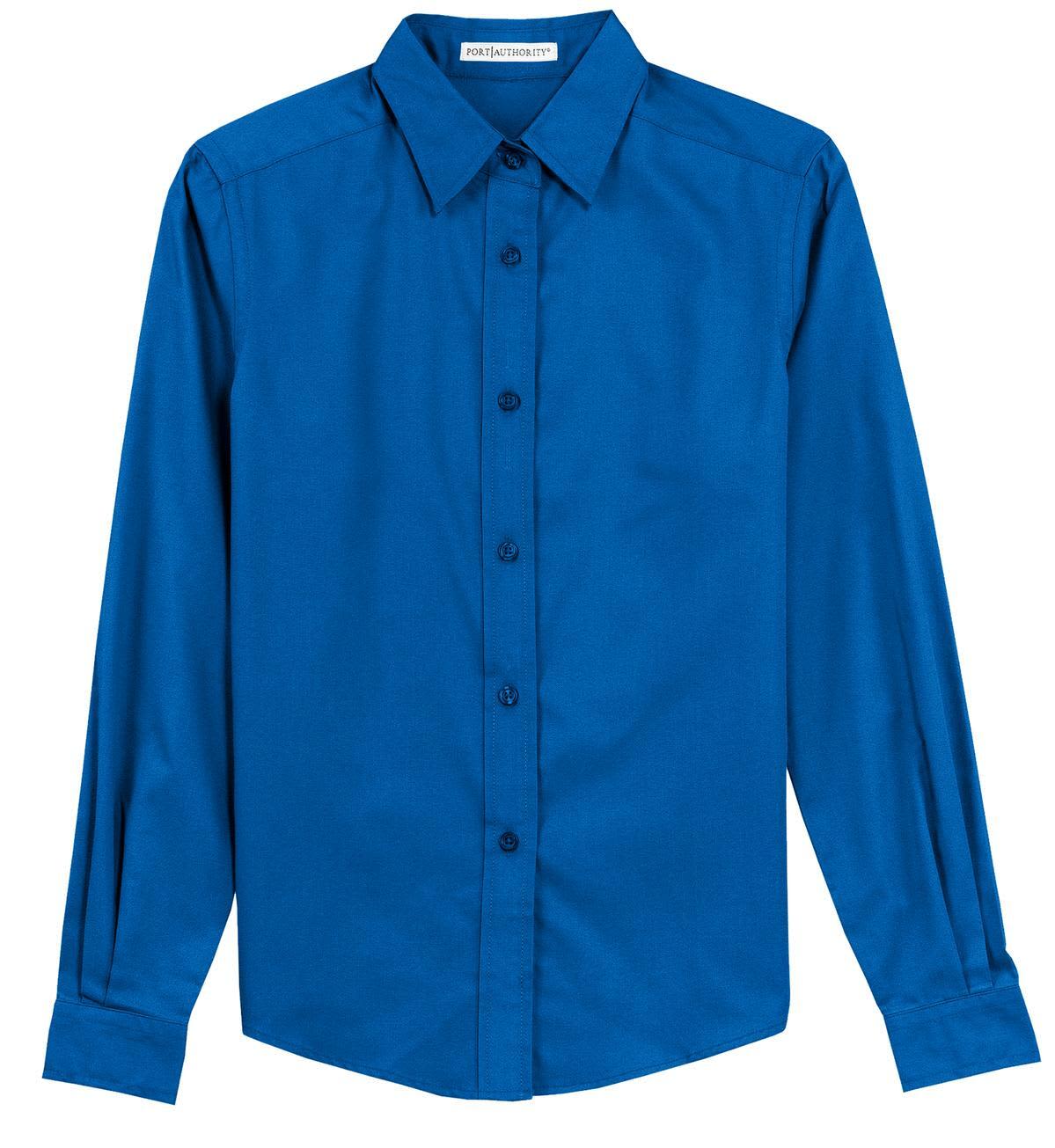 A blue long sleeve button-up shirt featuring a collar and front buttons, with a small pocket on the chest.