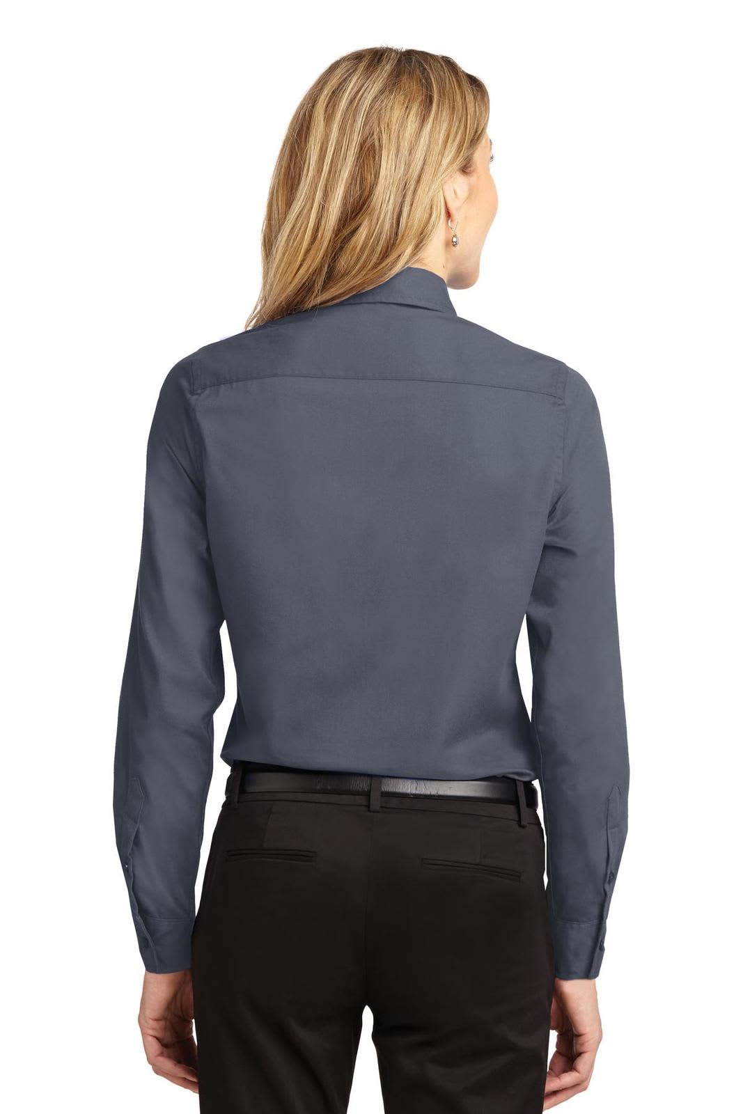 A long sleeve button-up shirt in navy blue, featuring a classic collar and a smooth back design.