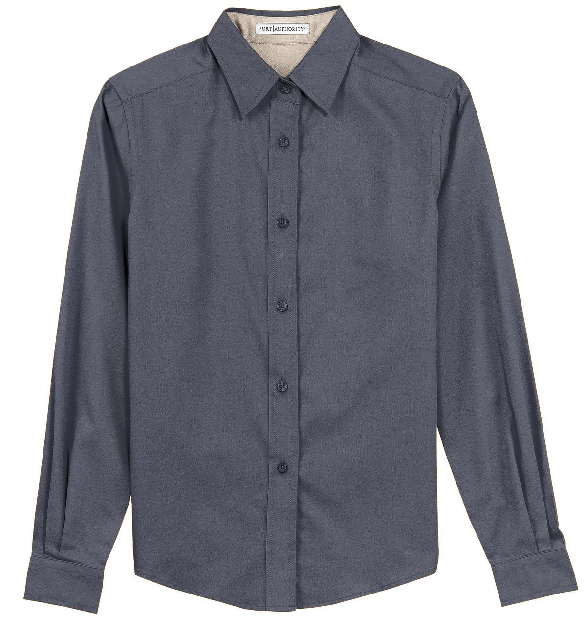 A grey long sleeve button-up shirt with a collar and a front pocket, featuring a logo on the label.