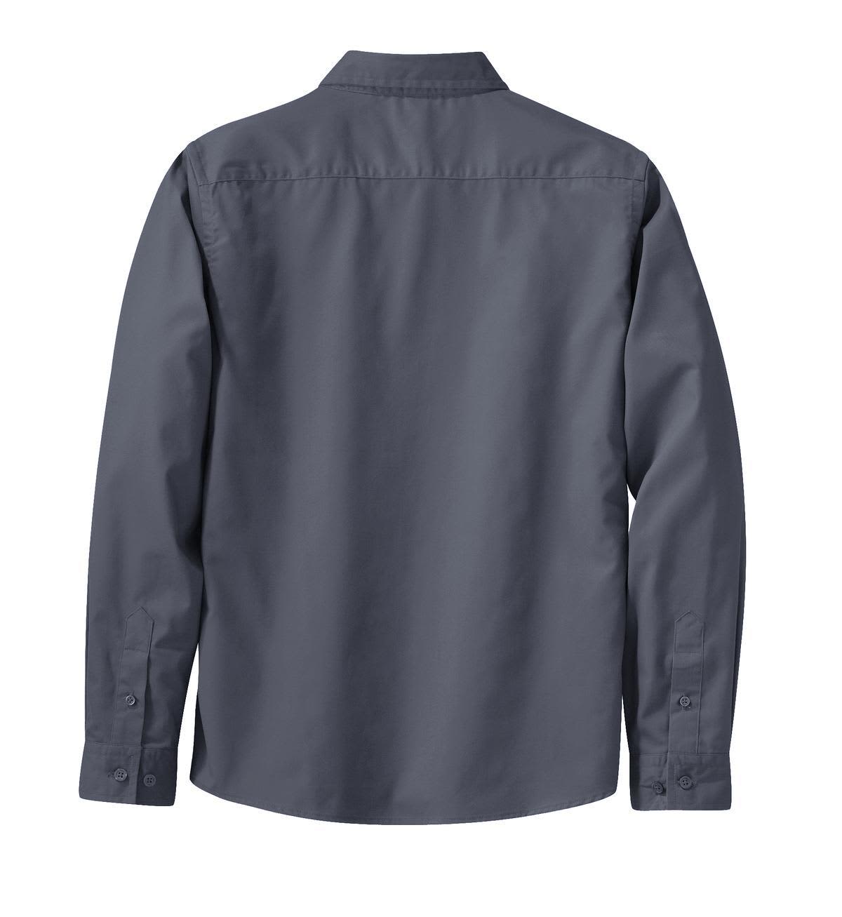 A dark grey long sleeve button-up shirt with a classic collar and buttoned cuffs. Features a logo on the back.