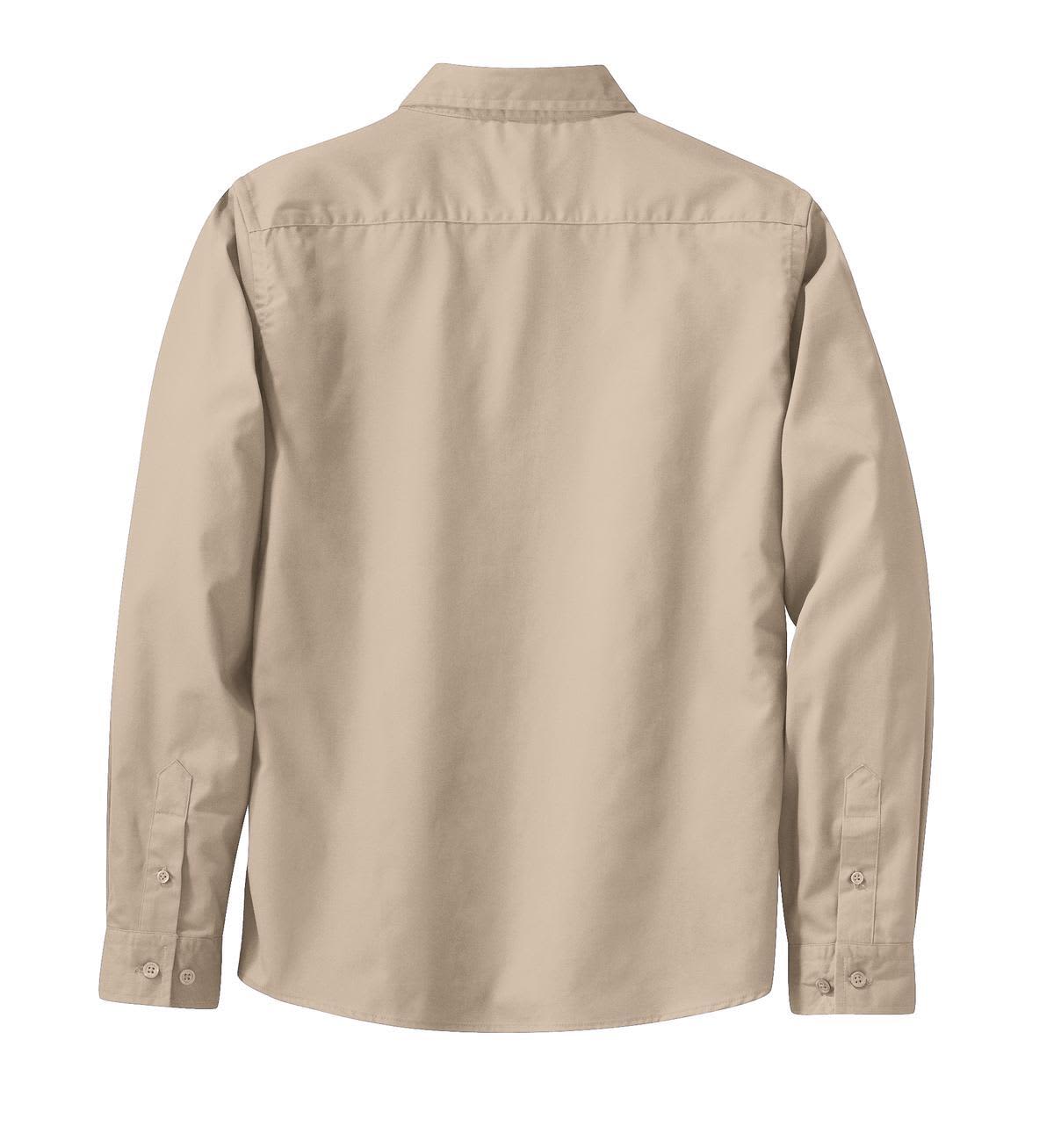 A beige long sleeve button-up shirt with a collar and back yoke, featuring a logo.