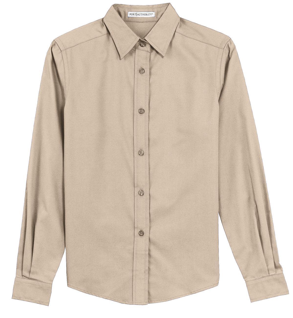 A button-up long sleeve shirt in a light beige colour with a collared neckline and a logo.