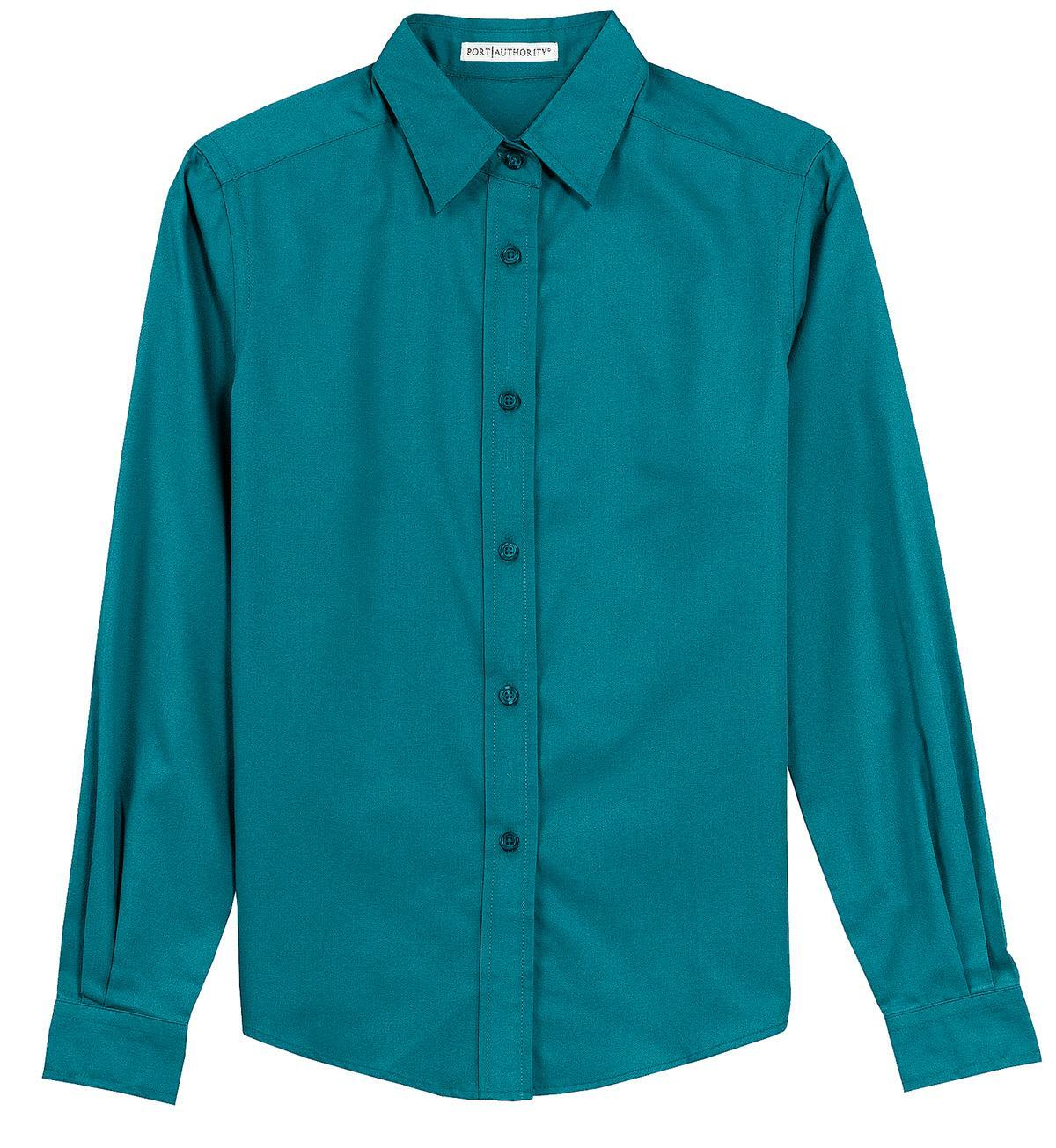 A teal long sleeve button-up shirt with a collar and front buttons, featuring a branding logo.