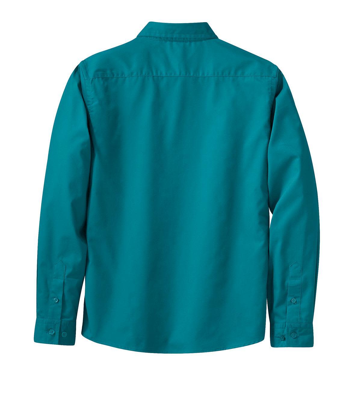 A turquoise long sleeve button-up shirt with a back view, featuring a collar and buttoned cuffs.