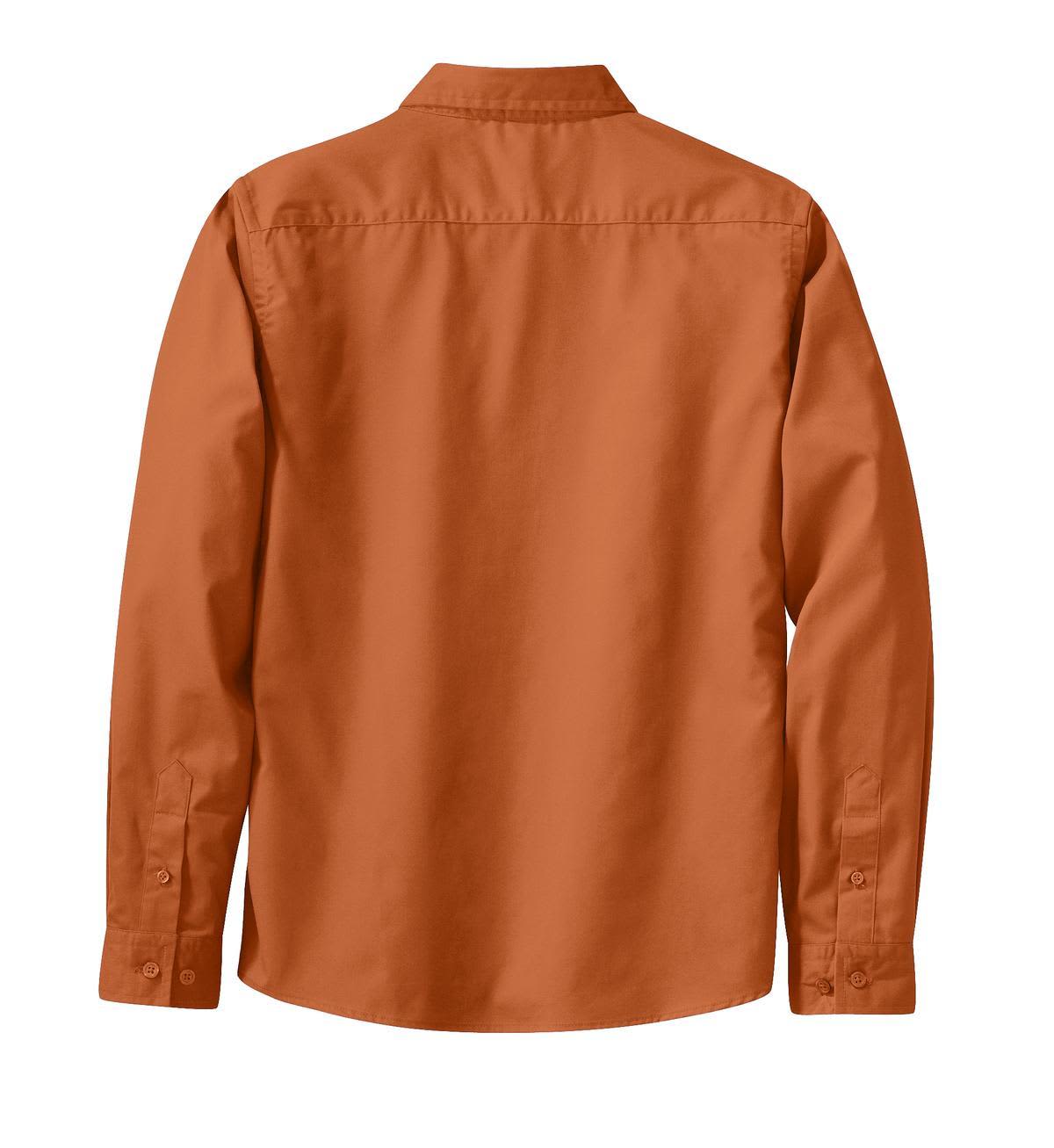 A long-sleeve button-up shirt in a rich orange hue, featuring a back view with a collar and buttoned cuffs.