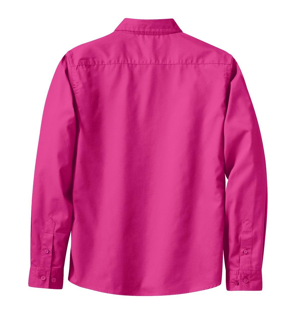 A pink long sleeve button-up shirt featuring a collar and a logo on the back.