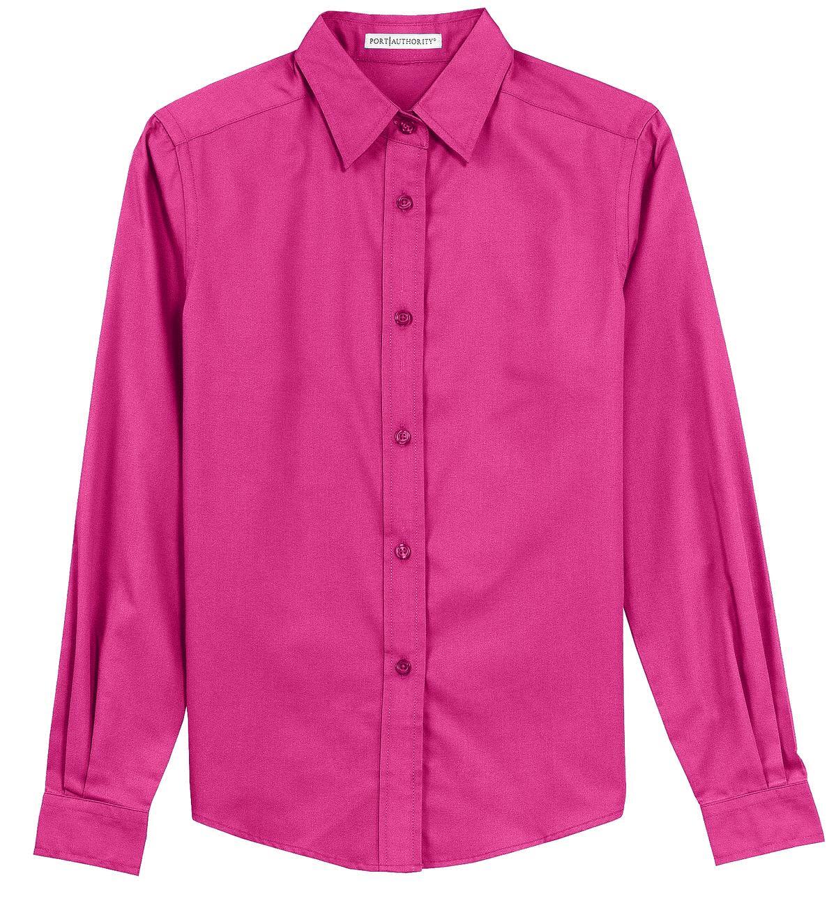 A pink long sleeve button-up shirt with a collar and a logo.