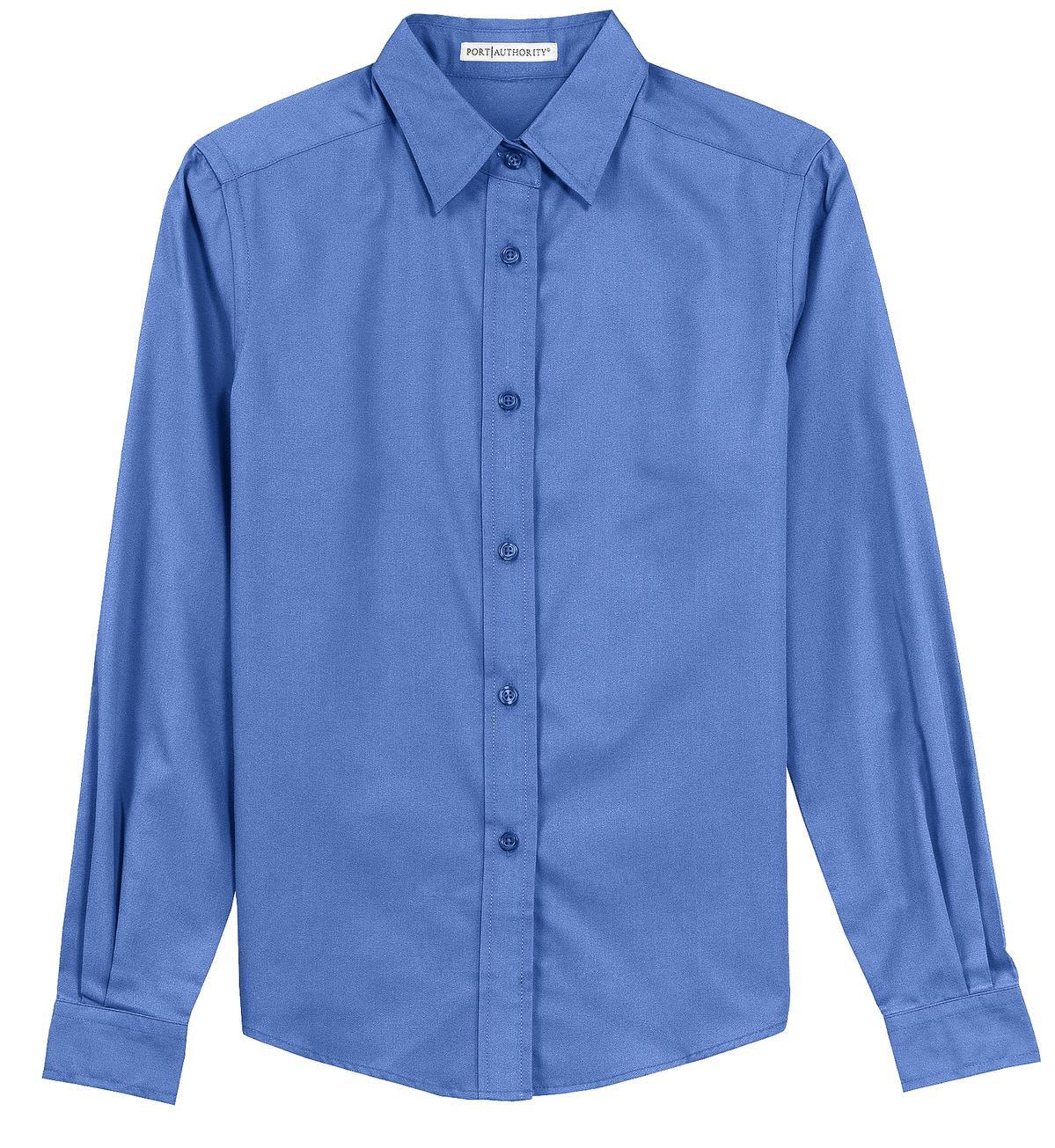 A blue long sleeve button-up shirt with a classic collar and a front button closure. It features a logo.