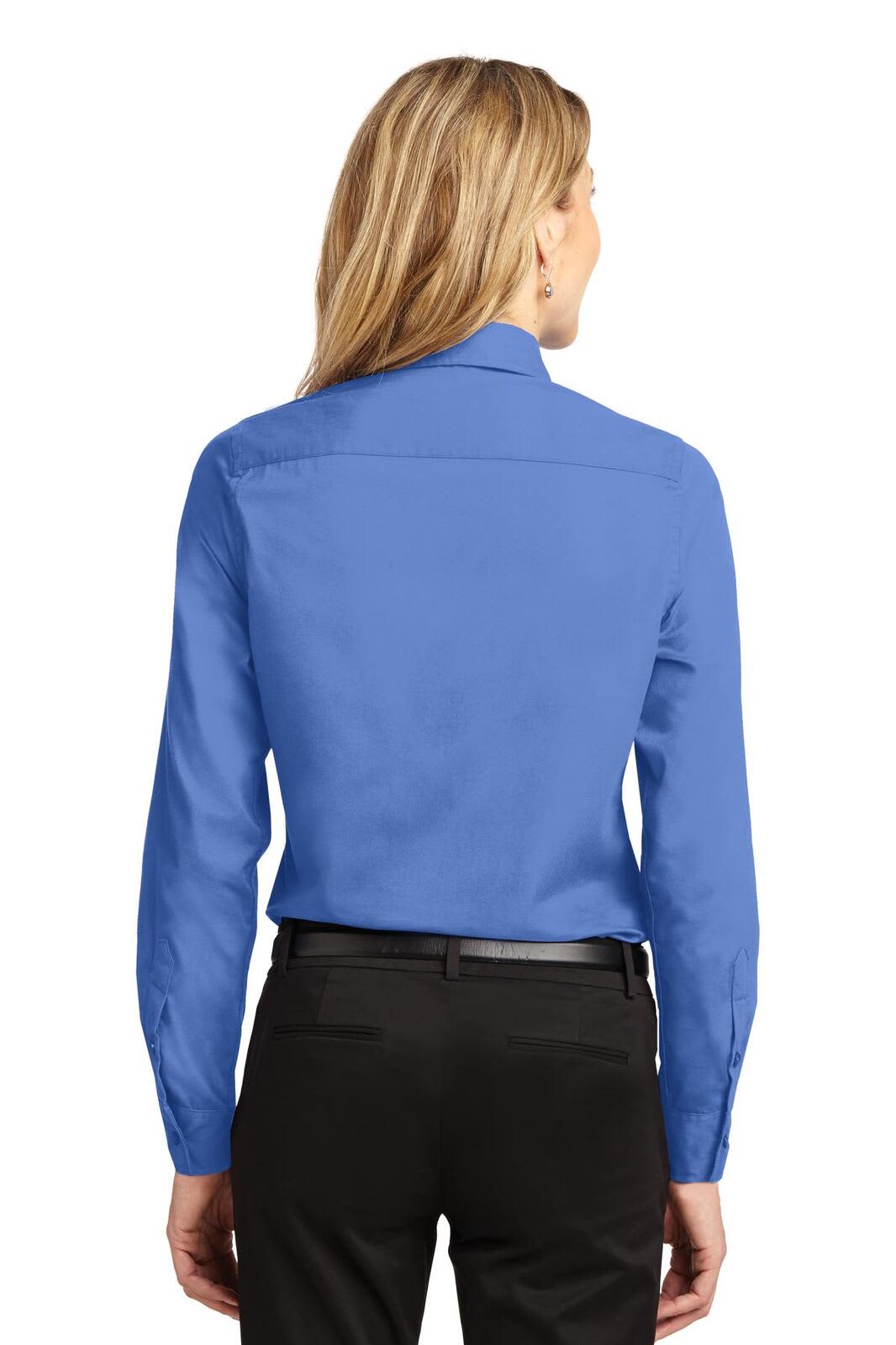 A blue long sleeve button-up shirt with a smooth finish and a back yoke detail, featuring a logo.