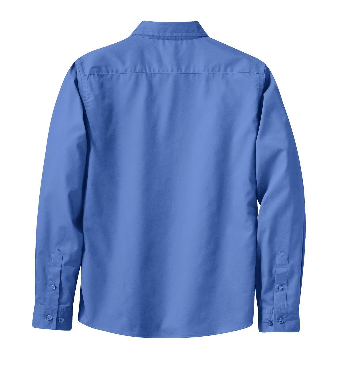 A long sleeve button-up shirt in a vibrant blue colour with a back view and a logo on the collar.
