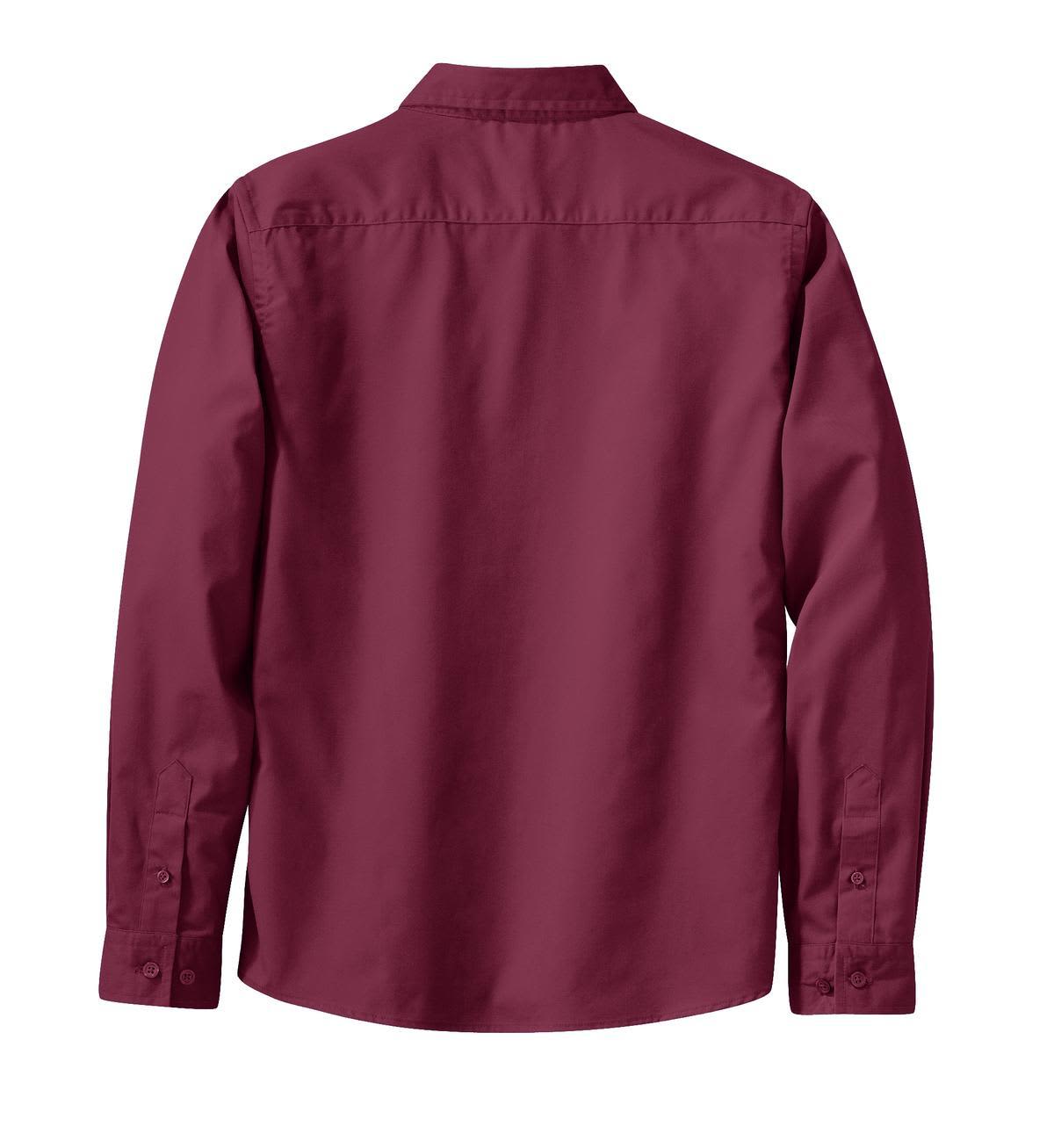 A maroon long sleeve button-up shirt with a back view and a collar, featuring buttoned cuffs.