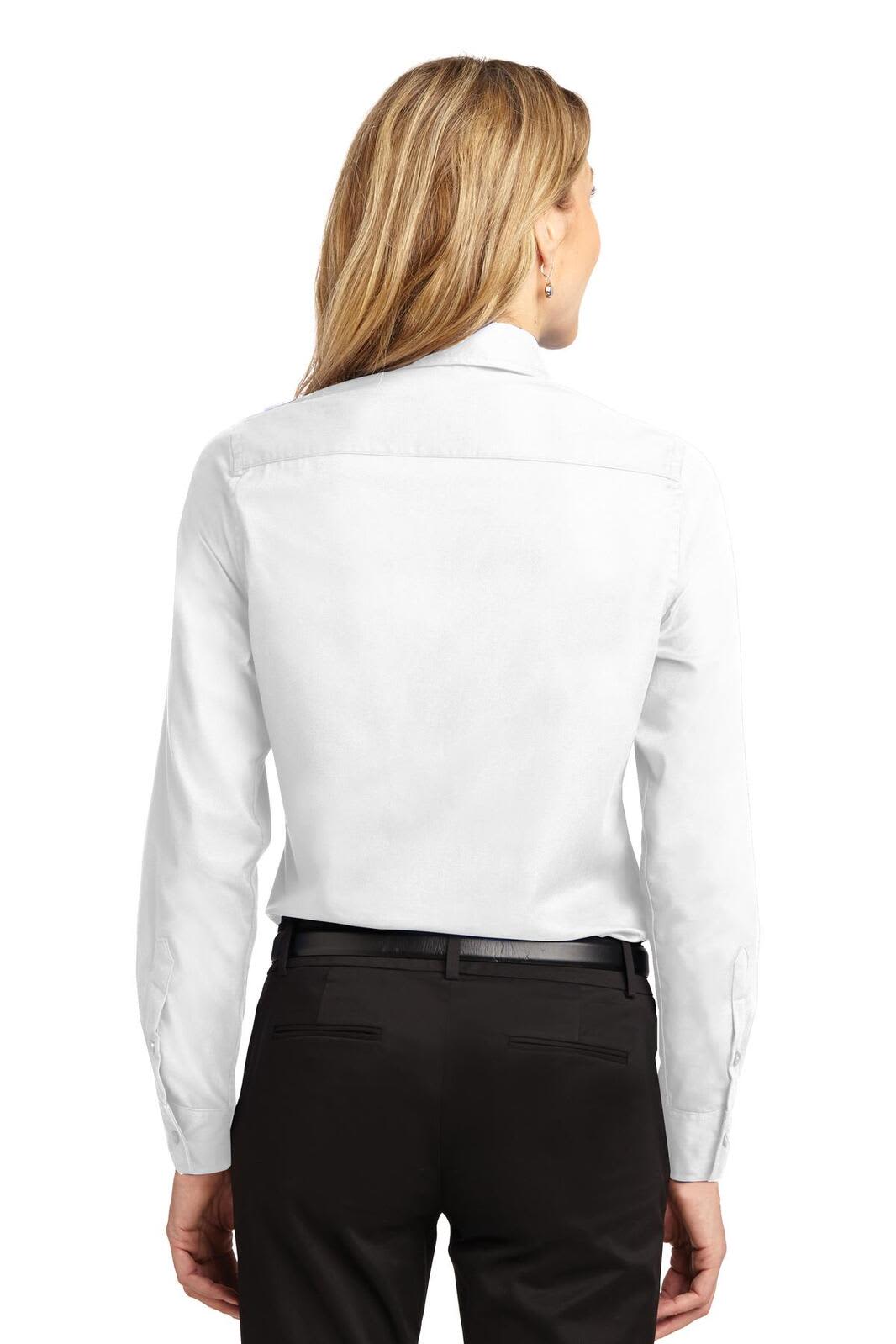 A white long sleeve button-up shirt with a classic collar, featuring a logo on the back.