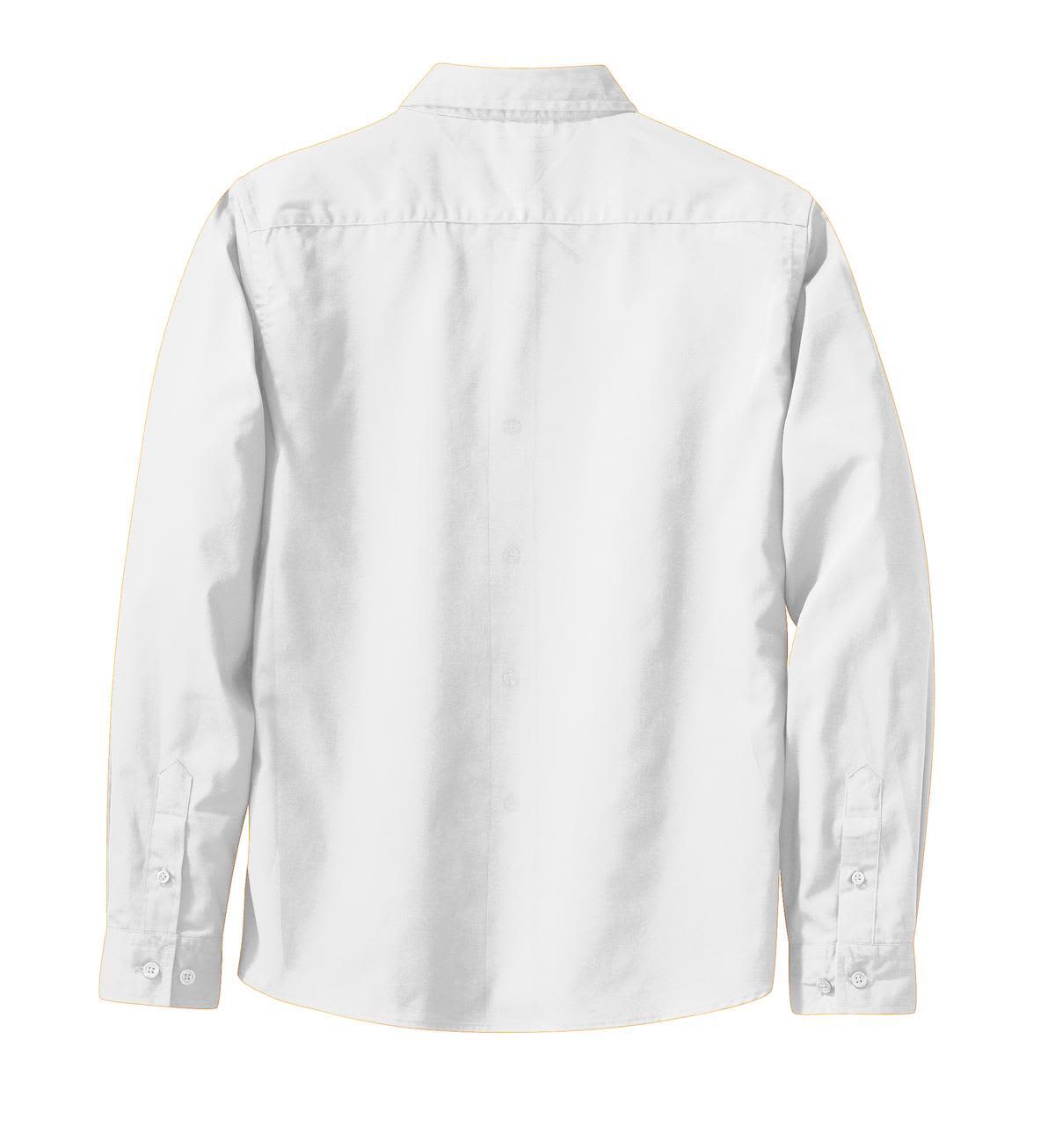A white long sleeve button-up shirt with a back view, featuring a collar and cuffed sleeves, and a logo present.