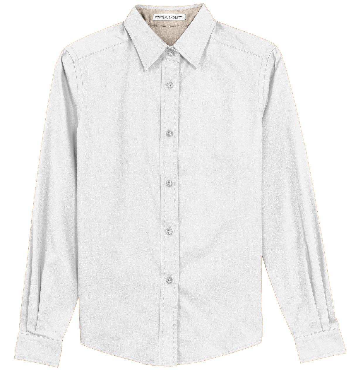 A light grey, long sleeve button-up shirt with a collar, featuring a logo on the label.