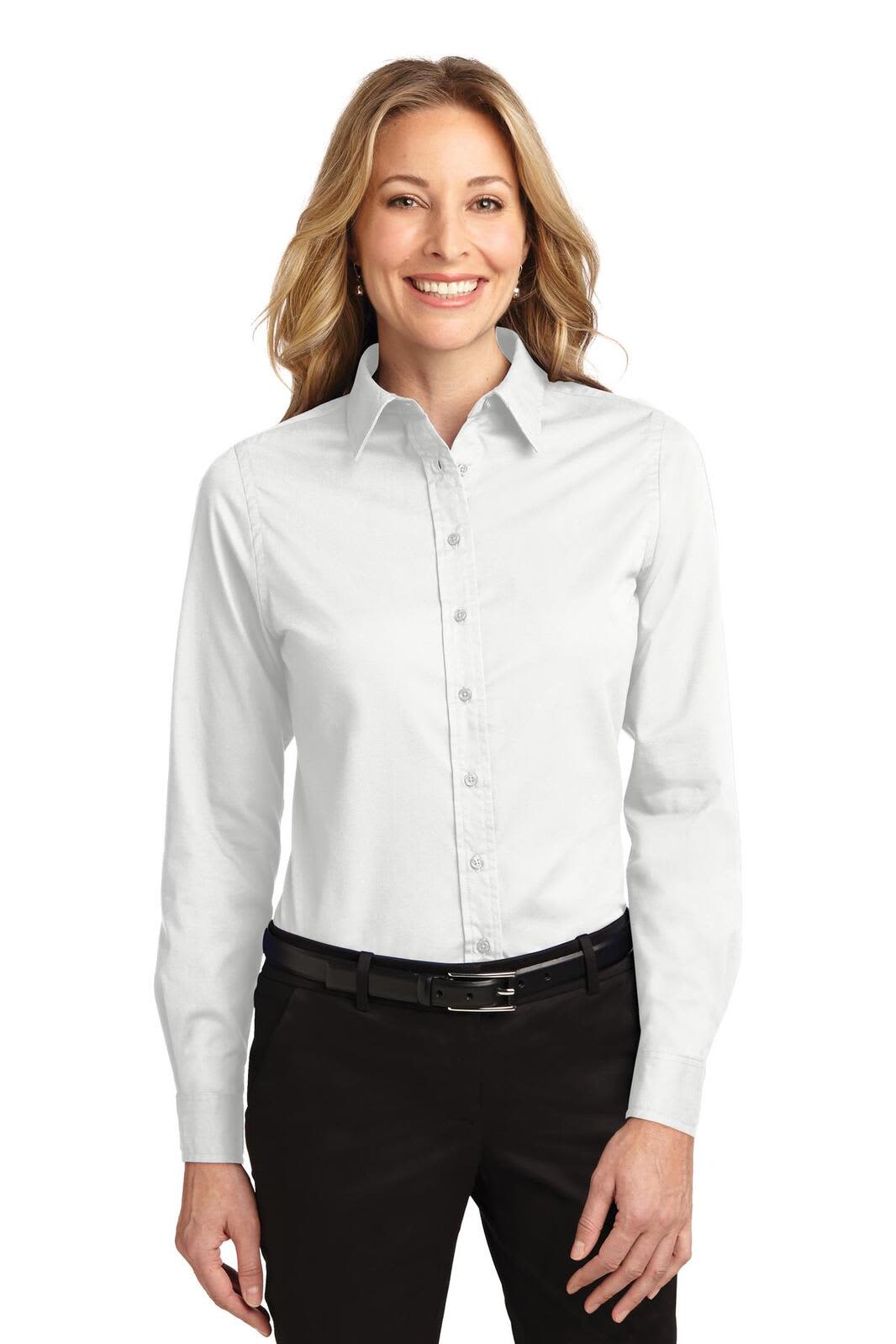 A white long sleeve button-up shirt for women, featuring a collar and a logo. Suitable for casual or formal settings.