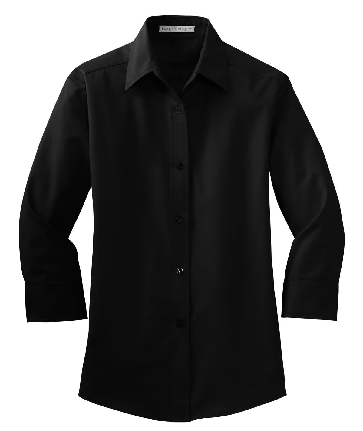 A black button-up shirt with 3/4 sleeves and a collar, featuring a logo on the chest area.
