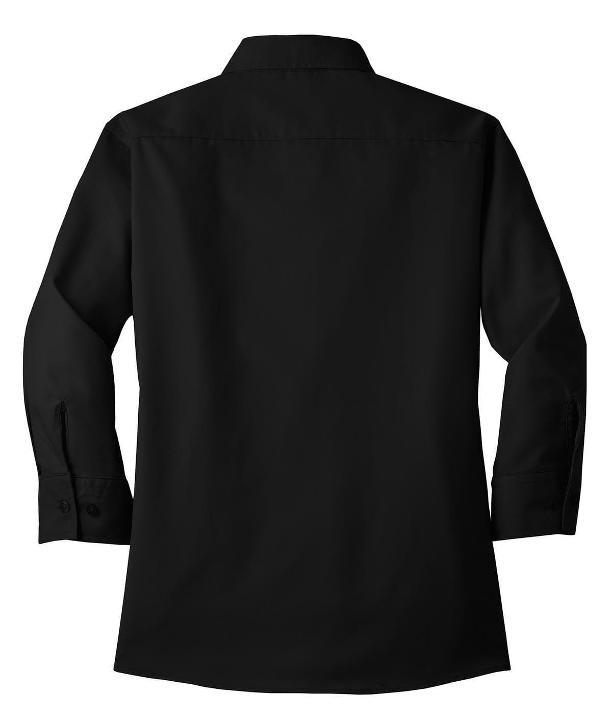 A black 3/4-sleeve button-up shirt with a collar, featuring a logo on the back.