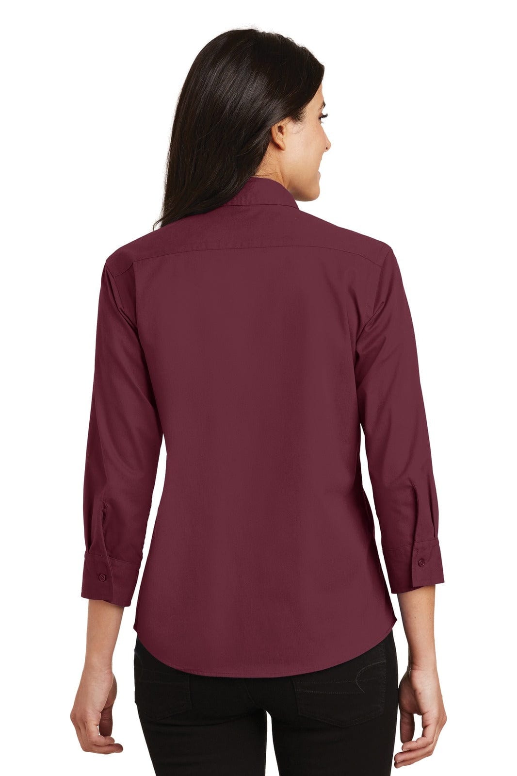 A ladies' 3/4-sleeve button-up shirt in burgundy, featuring a collar and a logo on the back.