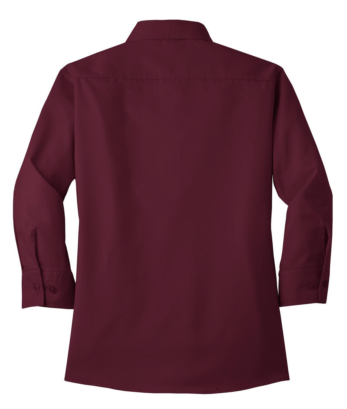 A maroon women's 3/4-sleeve button-up shirt with a collar and a logo.