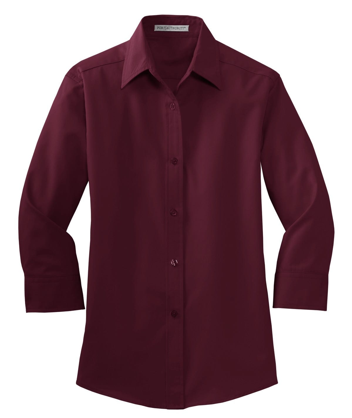 A maroon 3/4-sleeve button-up shirt with a collar and an attached logo.