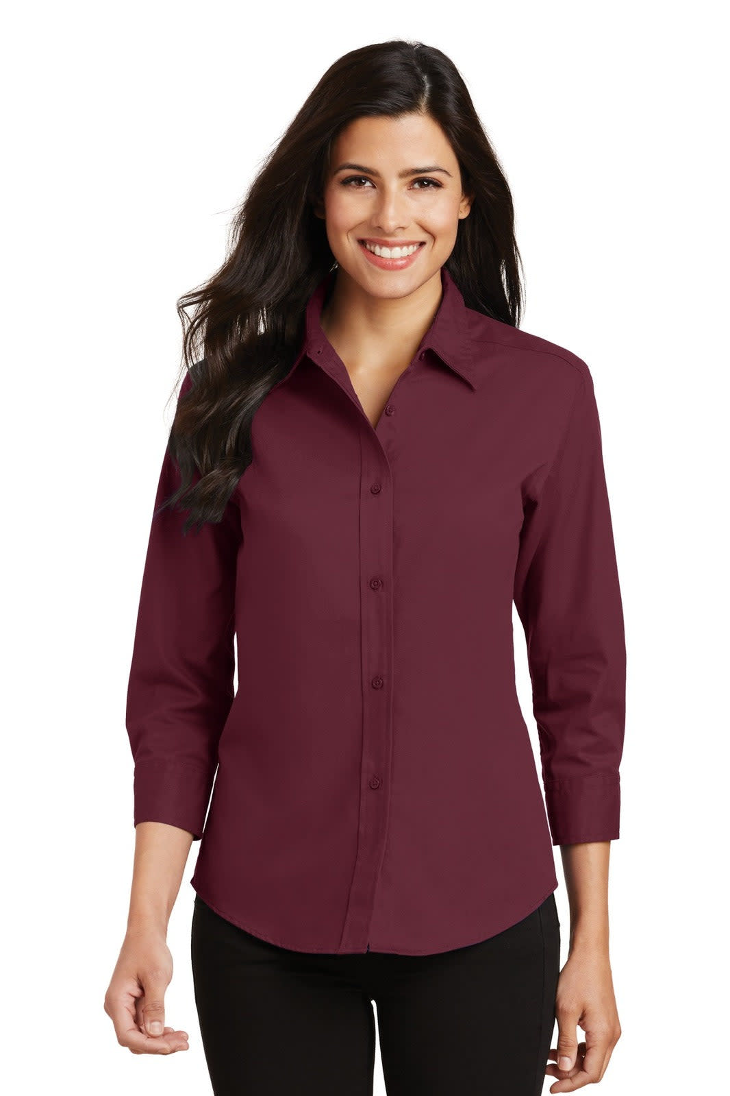 A burgundy ladies button-up shirt with 3/4 sleeves and a collar, featuring a logo.