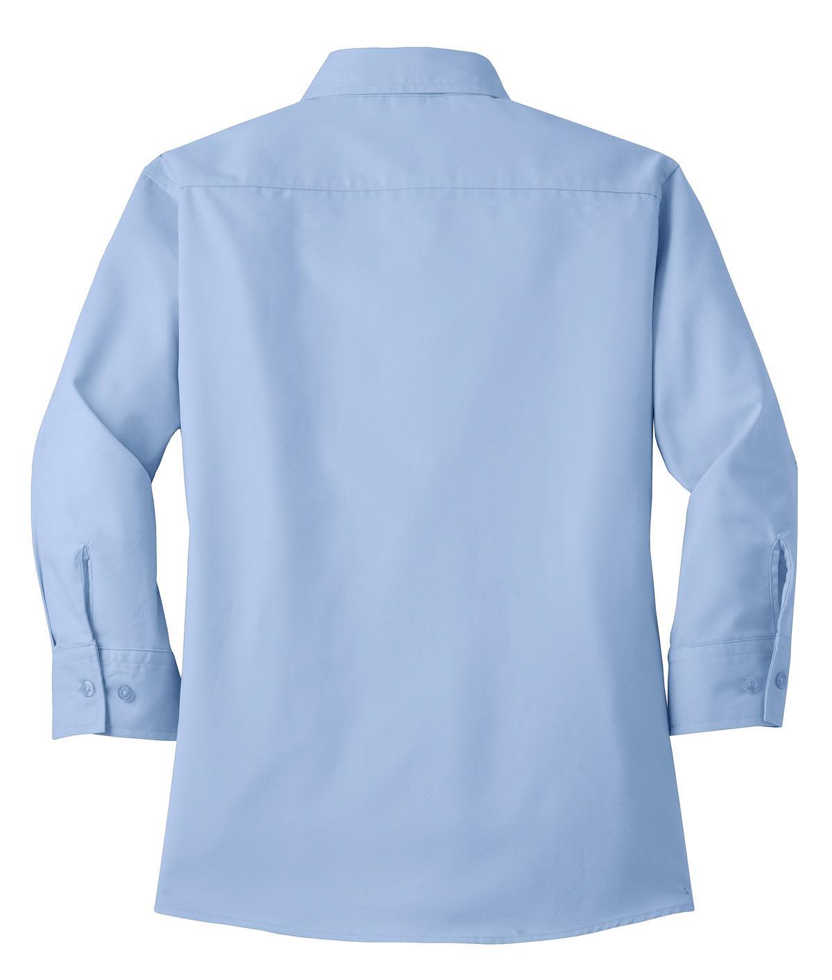 A light blue button-up shirt with 3/4 sleeves, featuring a collar and a back view. It has a logo.