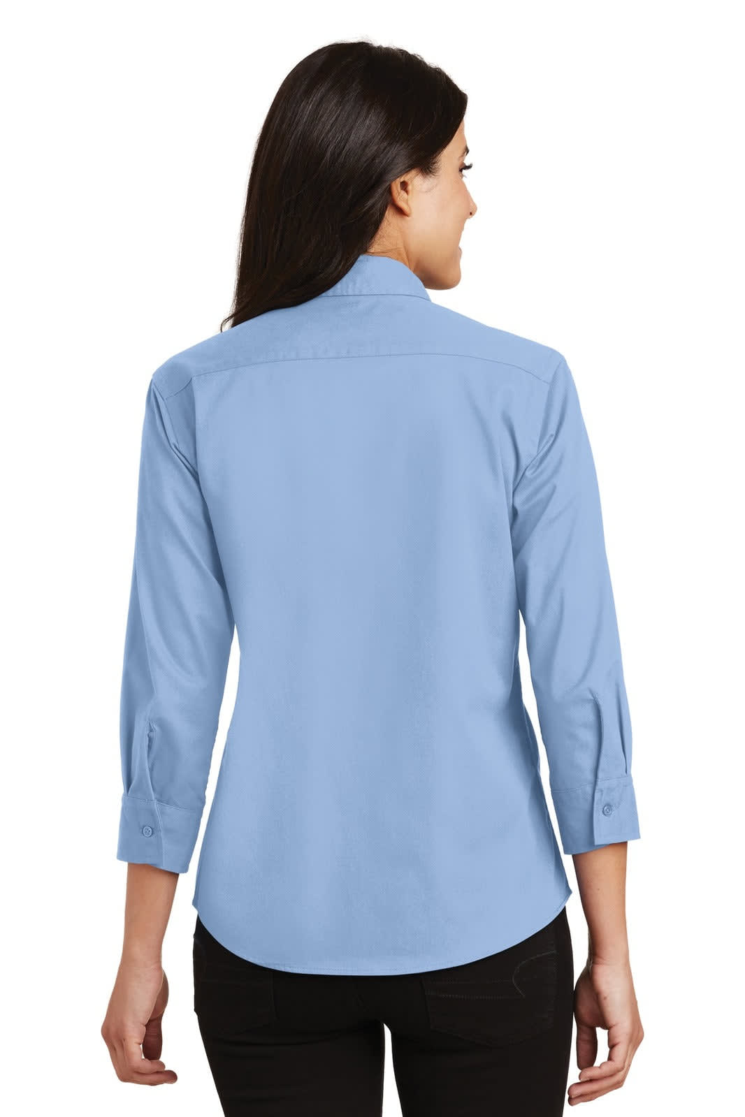 A light blue women's button-up shirt with 3/4 sleeves, featuring a back view and a collar. It has a logo.