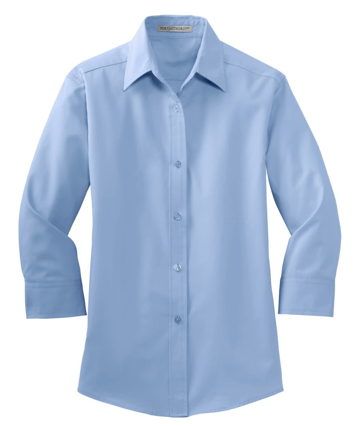 A light blue, button-up ladies' shirt with 3/4 sleeves and a collar, featuring a logo.