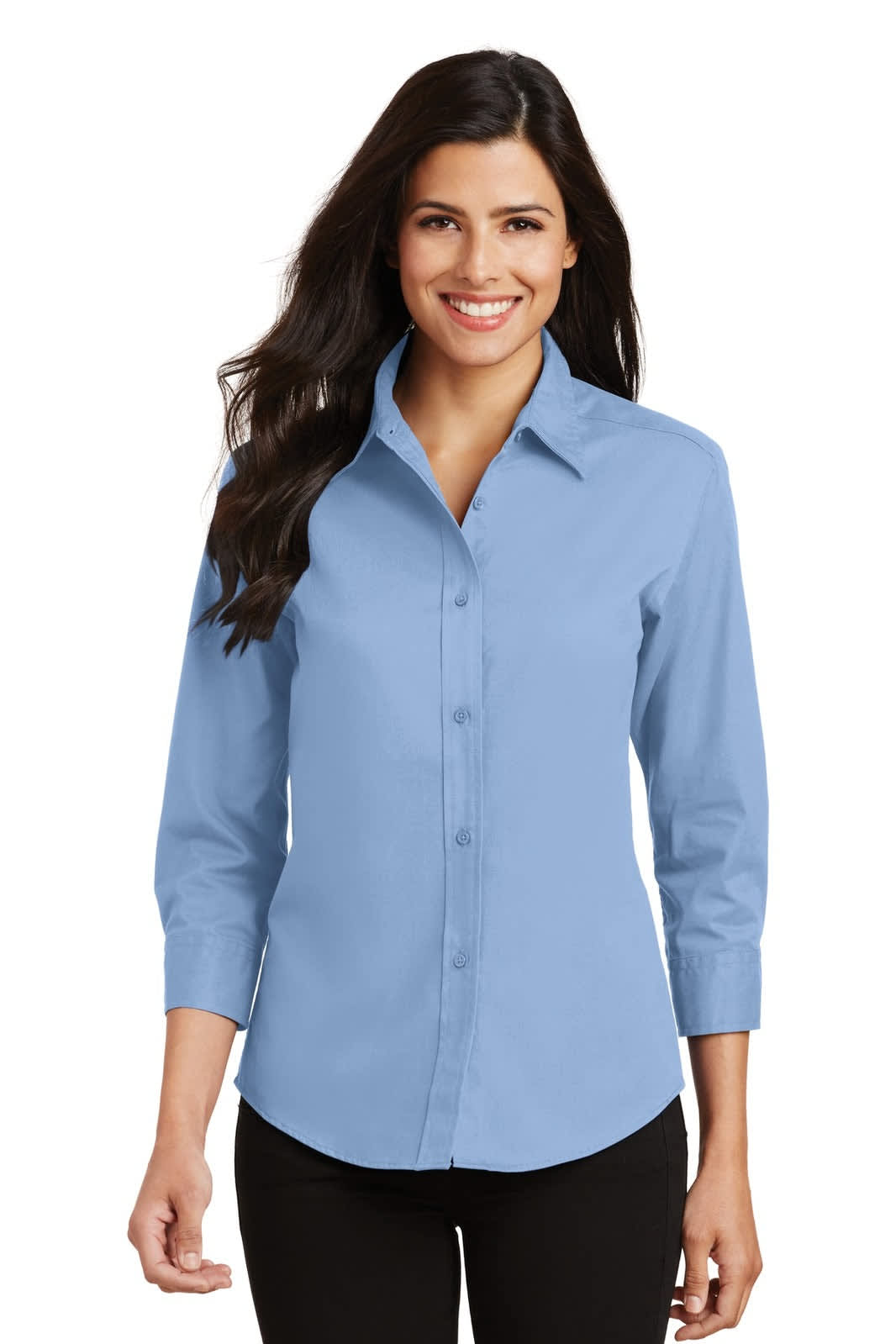 A light blue ladies' 3/4-sleeve button-up shirt with a collar and a logo.