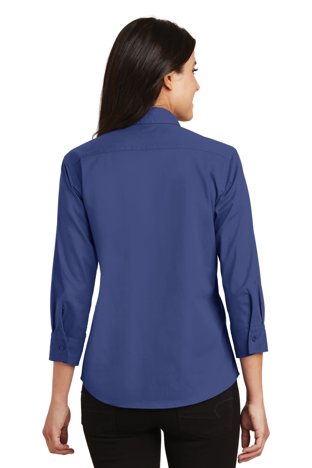 A solid navy blue women's button-up shirt with three-quarter sleeves and a back view. It has a logo on the back.