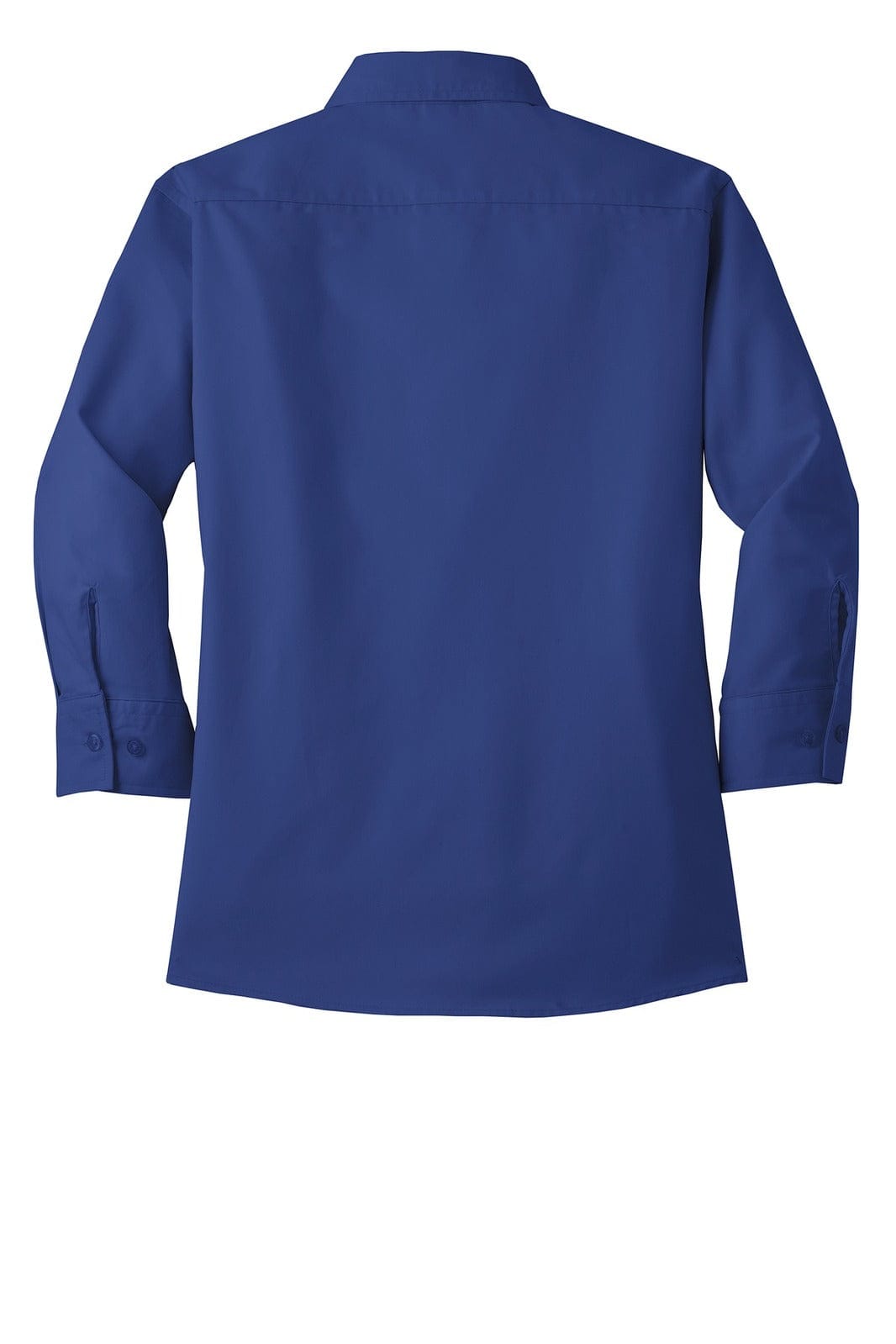 A blue 3/4-sleeve easy care button-up shirt with a collar, featuring a logo on the back.